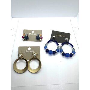 Lot Of 3 Chicos Earrings NWT Blue Hoops Multi-Stone Studs Gold Tone Drops